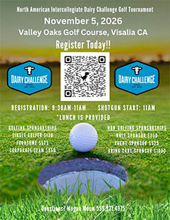 Image of a golf ball, featuring the Dairy Challenge logo, sitting on a golf course near a hole. Text describing sponsorship levels