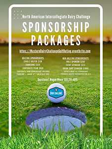 Image of a golf ball, featuring the Dairy Challenge logo, sitting on a golf course near a hole. Text describing sponsorship levels